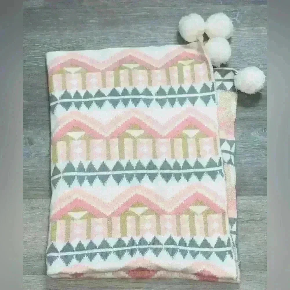 Pottery Barn Blanket Kids Emily Meritt Throw Pink Gold Gray White Pom Pom 30x40”